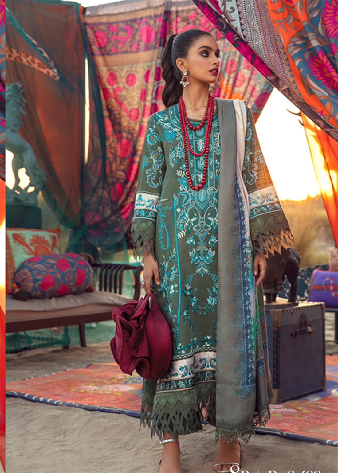 Mehndi Green Embroidered Satin Sana Safinaz 3 Piece Unstitched Suit