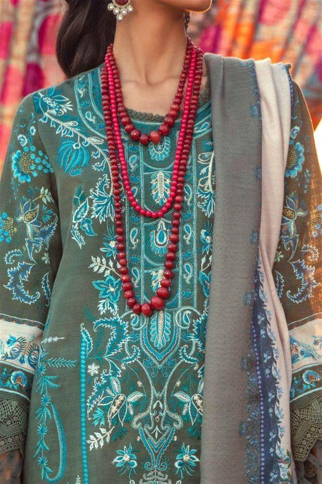 Mehndi Green Embroidered Satin Sana Safinaz 3 Piece Unstitched Suit