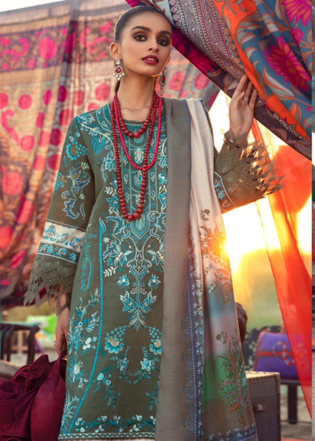 Mehndi Green Embroidered Satin Sana Safinaz 3 Piece Unstitched Suit