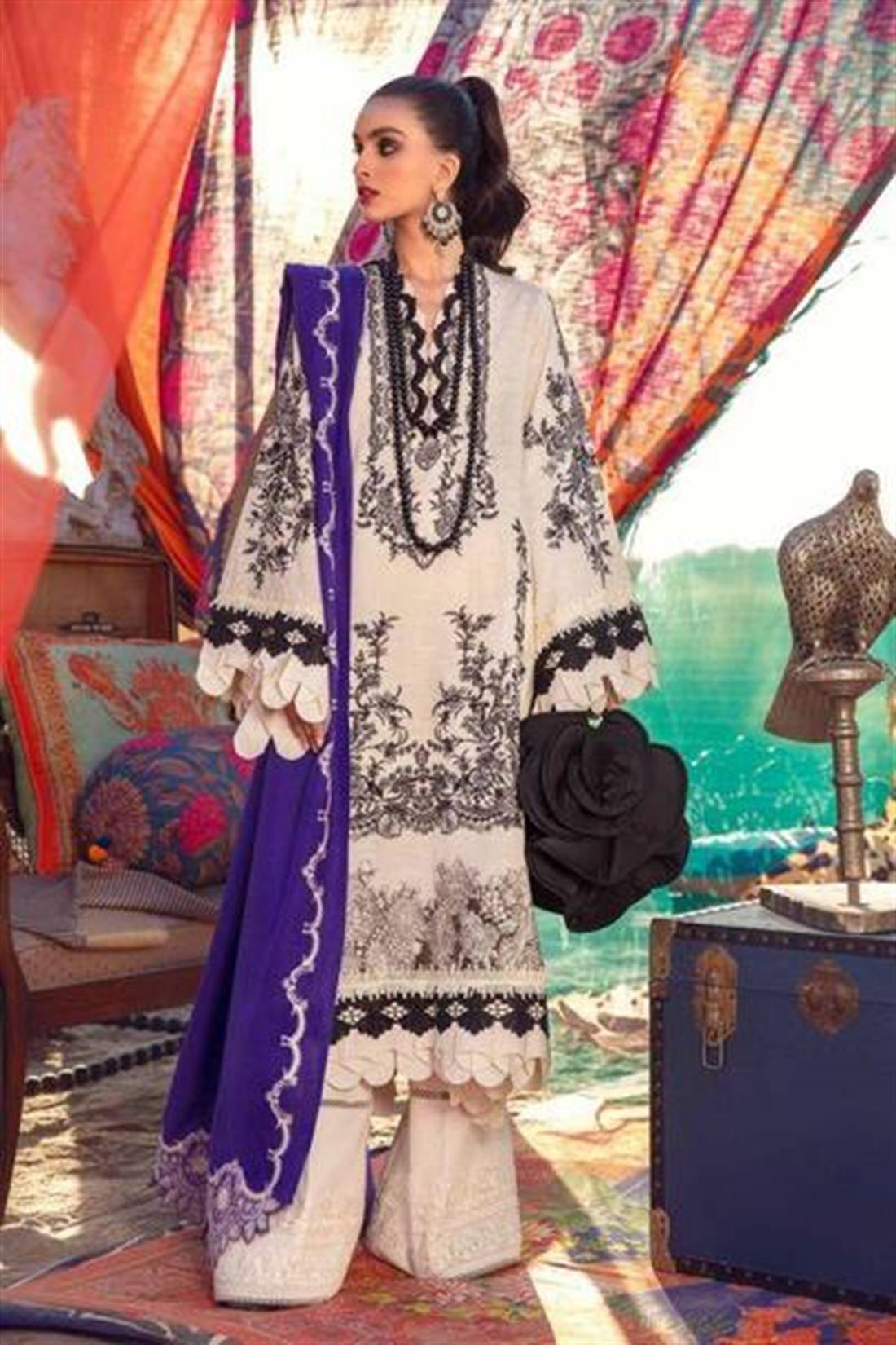 Cream Embroidered Organza Sana Safinaz 3 Piece Unstitched Suit