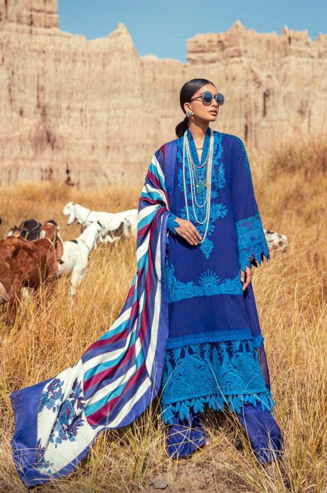 Blue Embroidered Organza Sana Safinaz 3 Piece Unstitched Suit