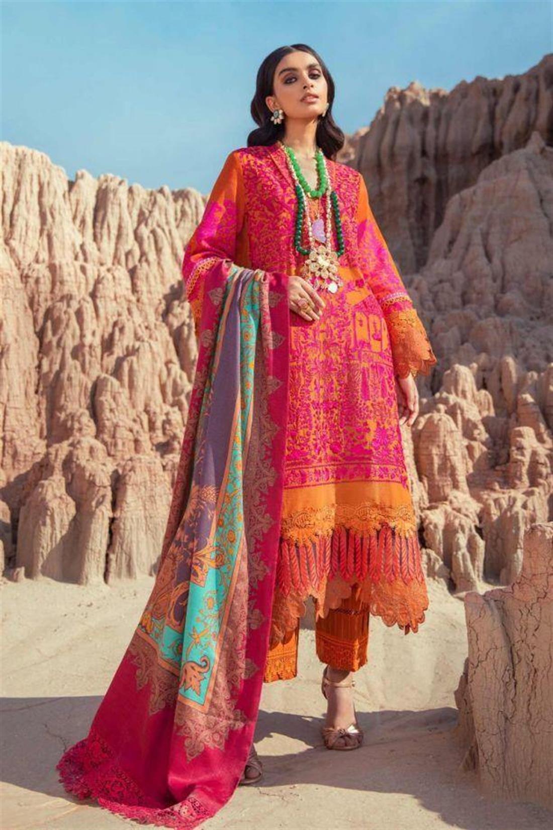 Burnt Orange Embroidered Organza Sana Safinaz 3 Piece Unstitched Suit