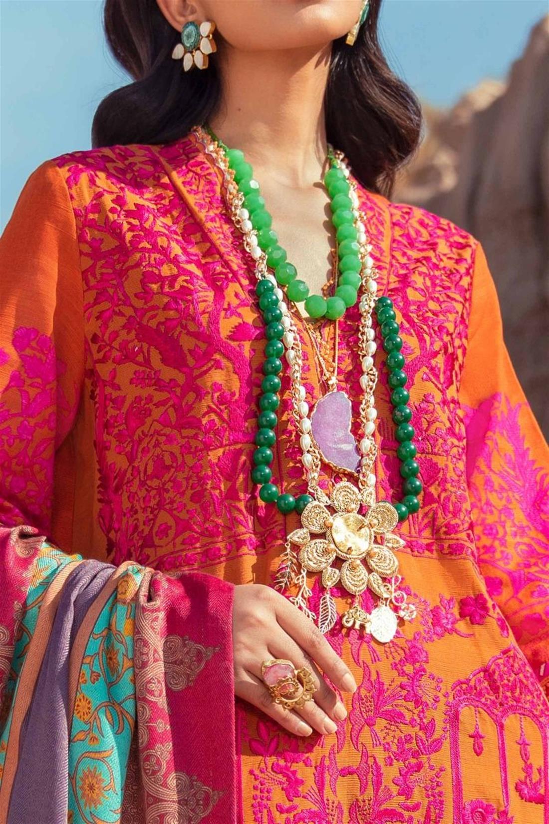 Burnt Orange Embroidered Organza Sana Safinaz 3 Piece Unstitched Suit