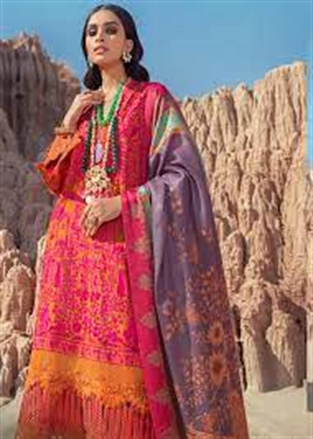Burnt Orange Embroidered Organza Sana Safinaz 3 Piece Unstitched Suit
