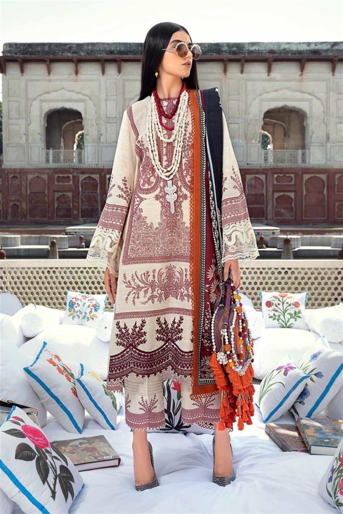 Cream Embroidered Organza Unstitched Suits