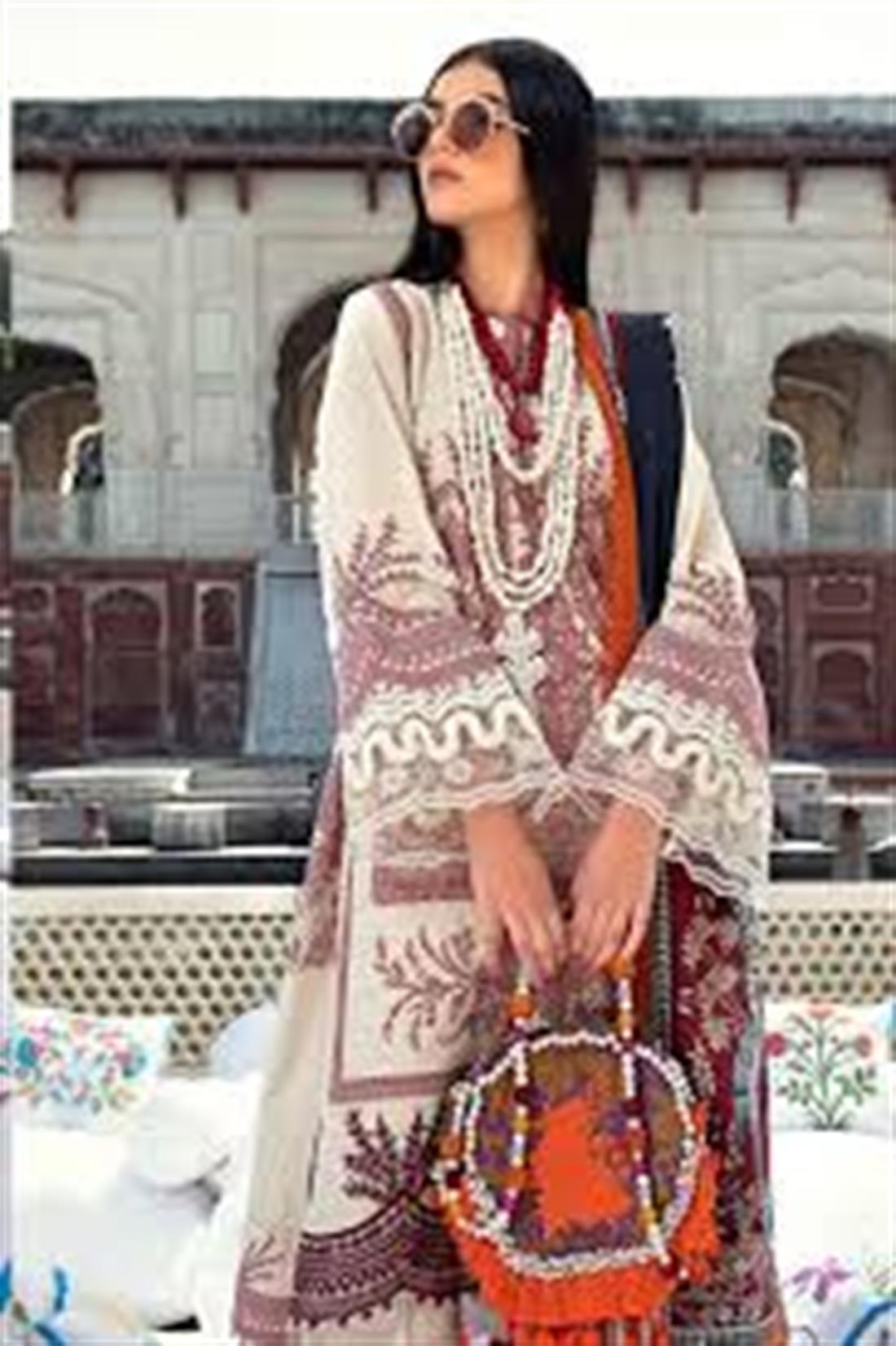 Cream Embroidered Organza Unstitched Suits