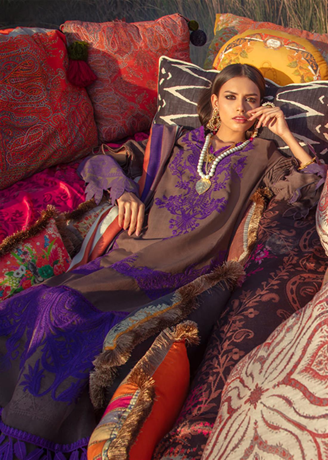 Brown Embroidered Organza Sana Safinaz 3 Piece Unstitched Suit