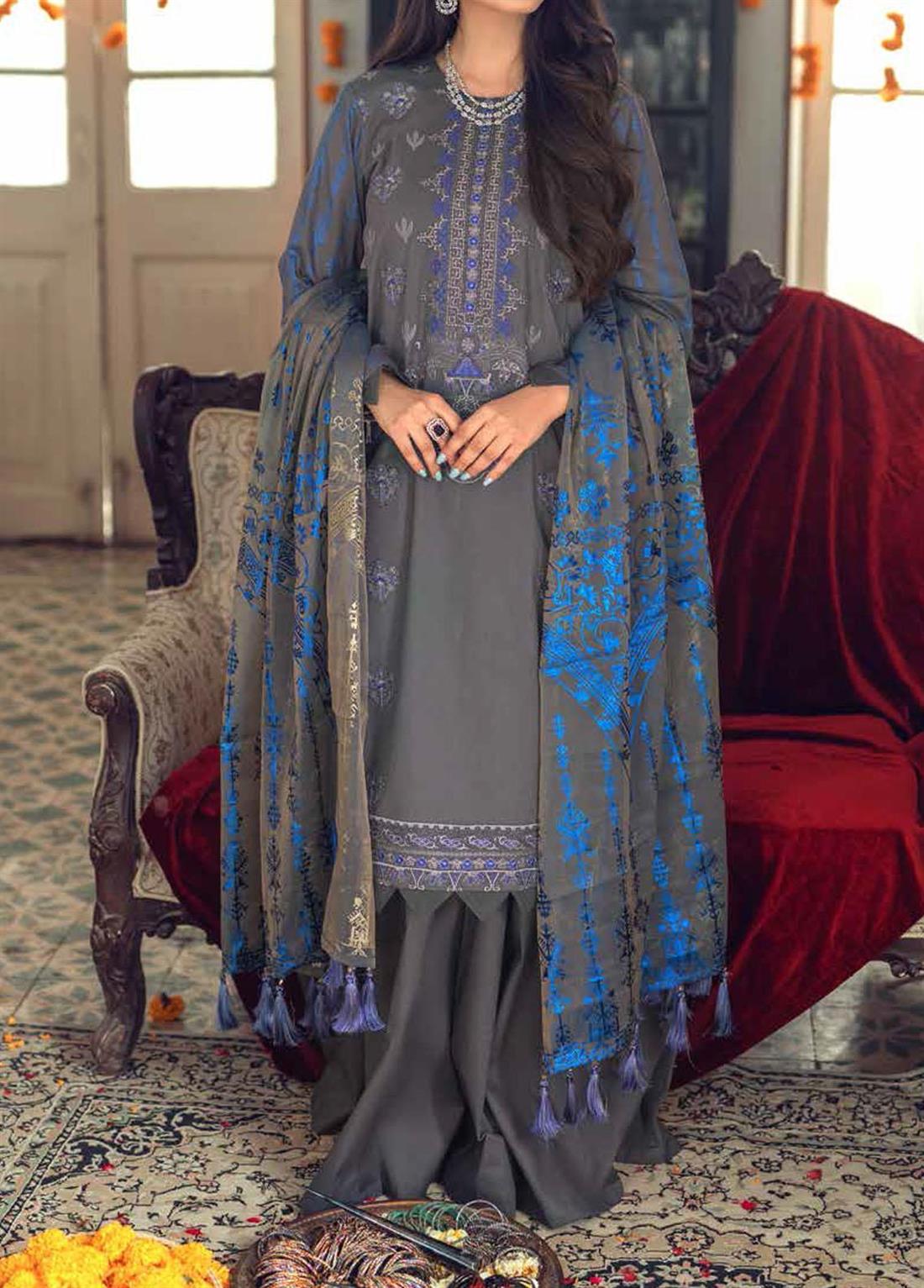 Grey Embroidered Organza Unstitched Suits