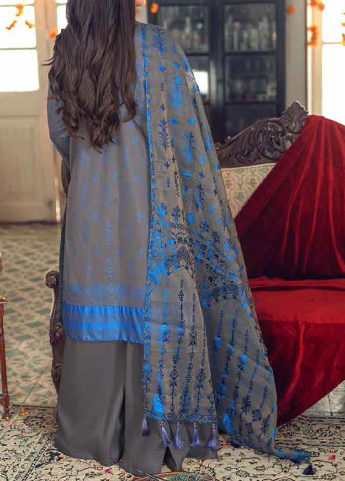 Grey Embroidered Organza Unstitched Suits
