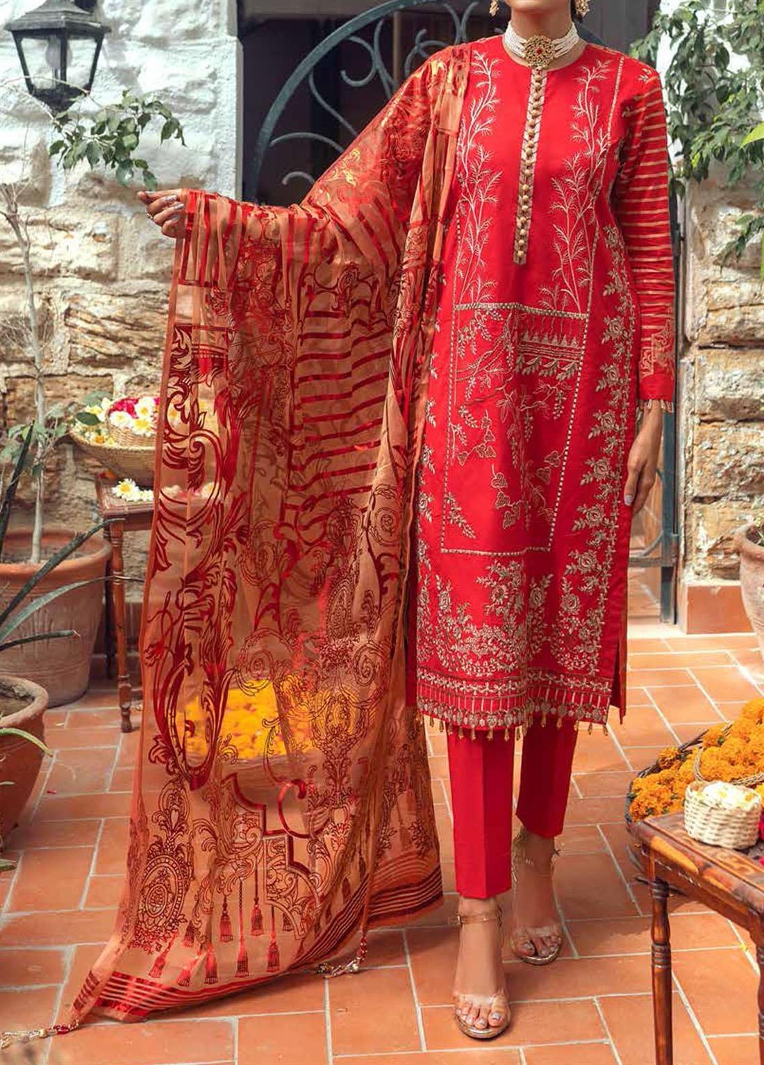 Red Organza Embroidered SALITEX 3 Piece Unstitched Suit