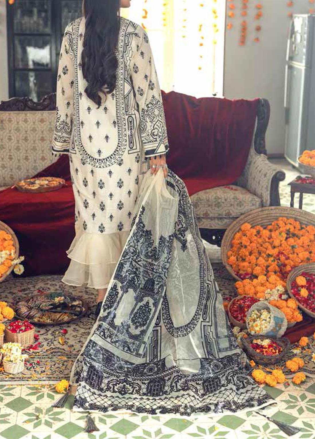Cream Embroidered Organza Unstitched Suits
