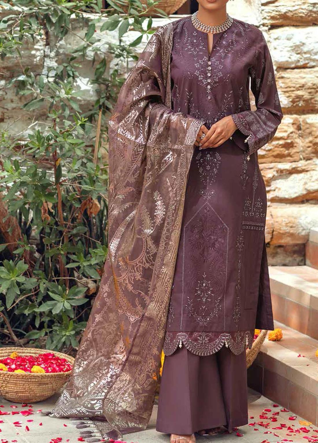 Purple & Brown Organza Embroidered SALITEX 3 Piece Unstitched Suit