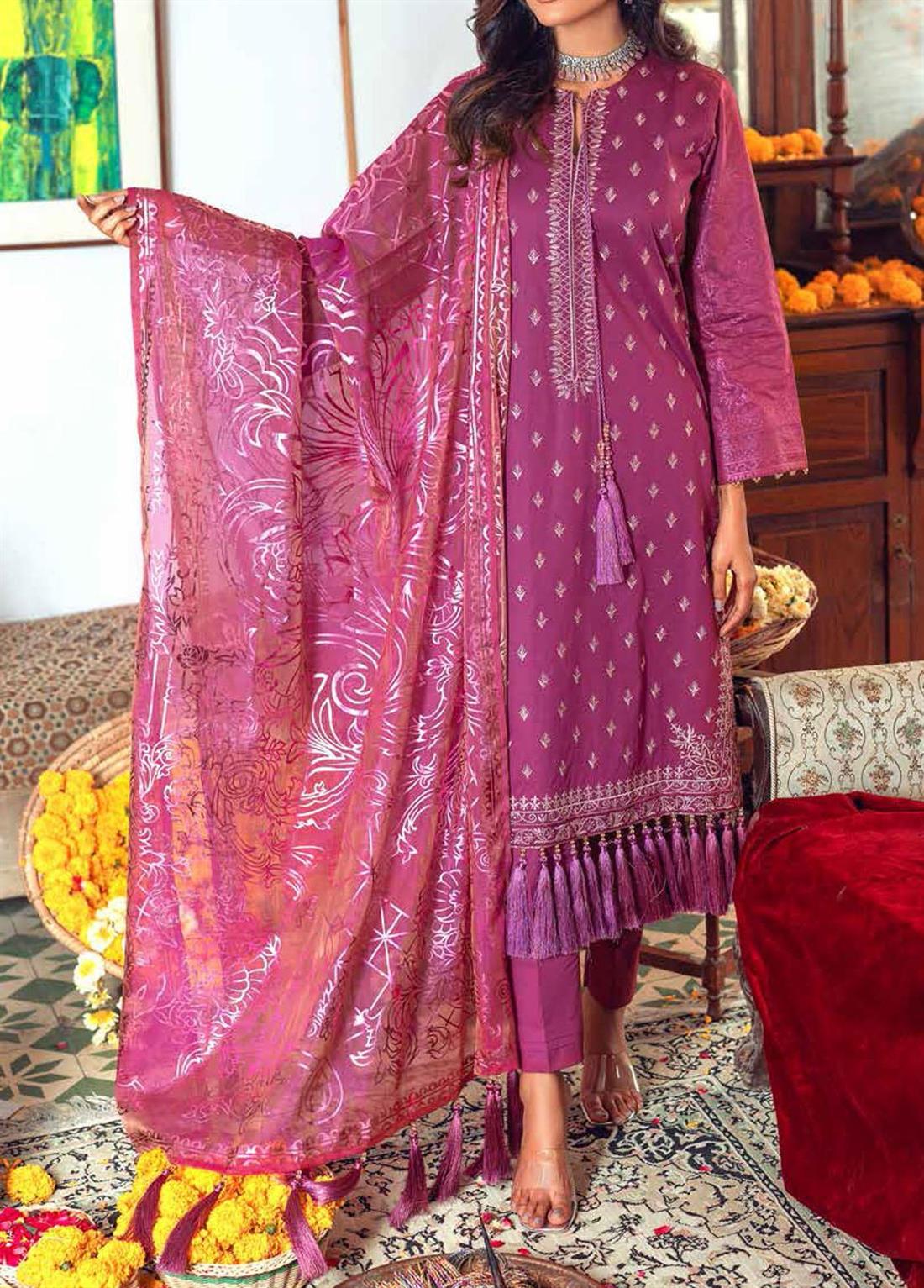 Magenta Embroidered Organza SALITEX 3 Piece Unstitched Suit