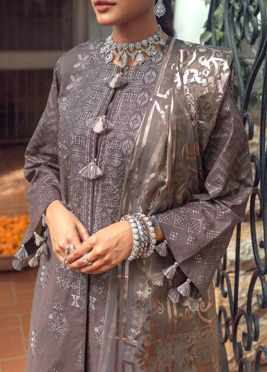 Grey Embroidered Organza SALITEX 3 Piece Unstitched Suit