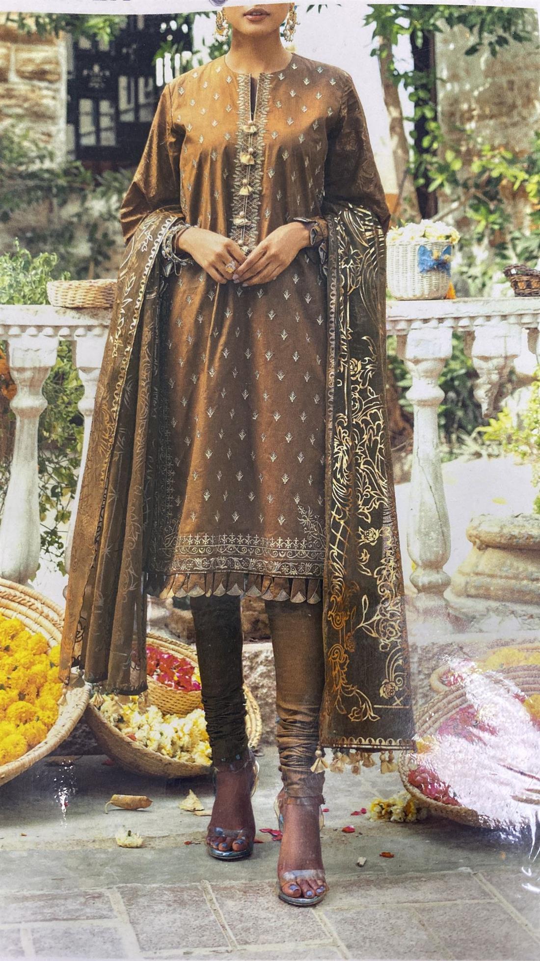 Olive Embroidered Organza Brown SALITEX 3 Piece Unstitched Suit