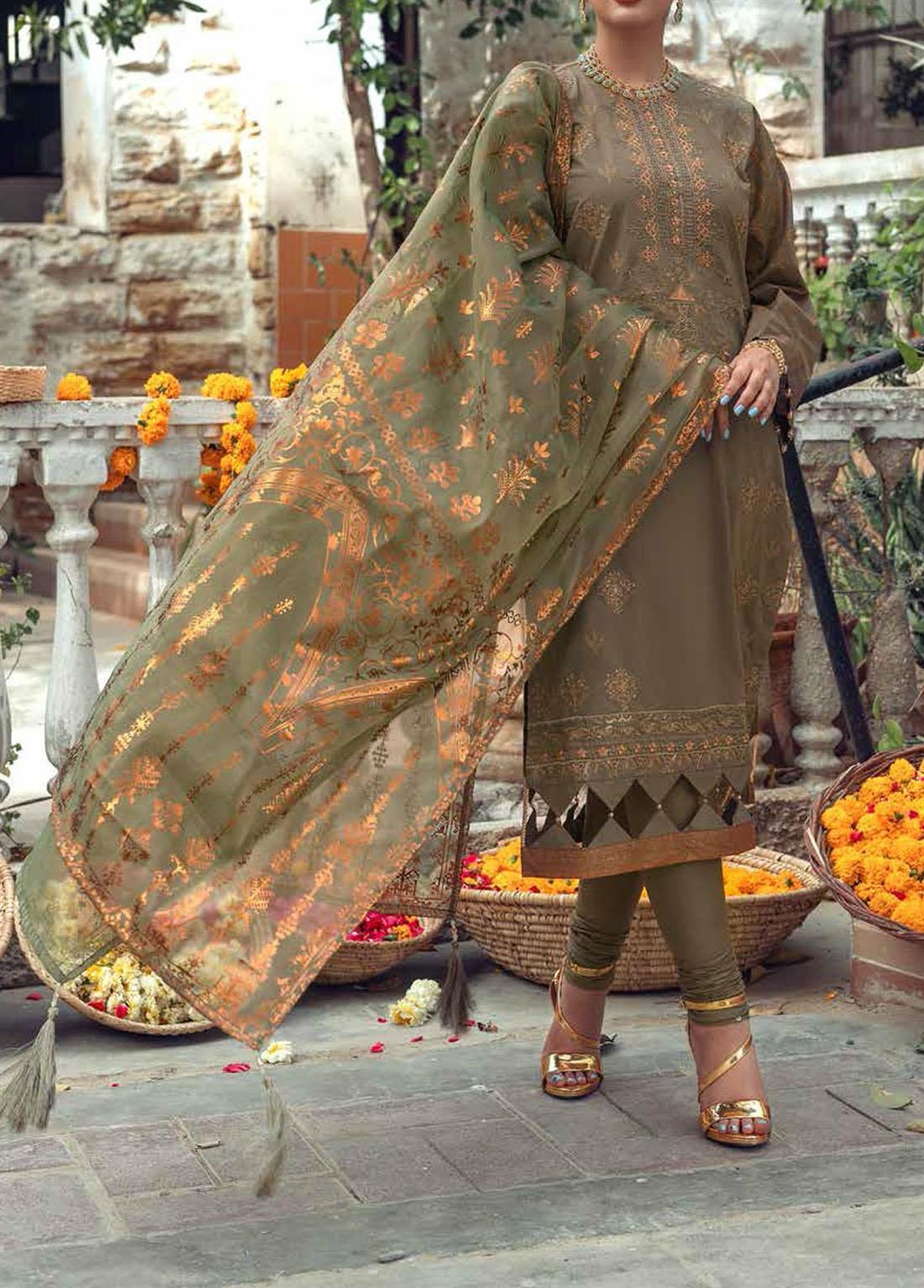 Green Embroidered Organza Unstitched Suits