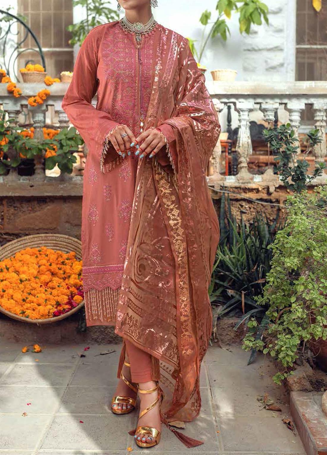 Dusty Pink Embroidered Organza SALITEX 3 Piece Unstitched Suit