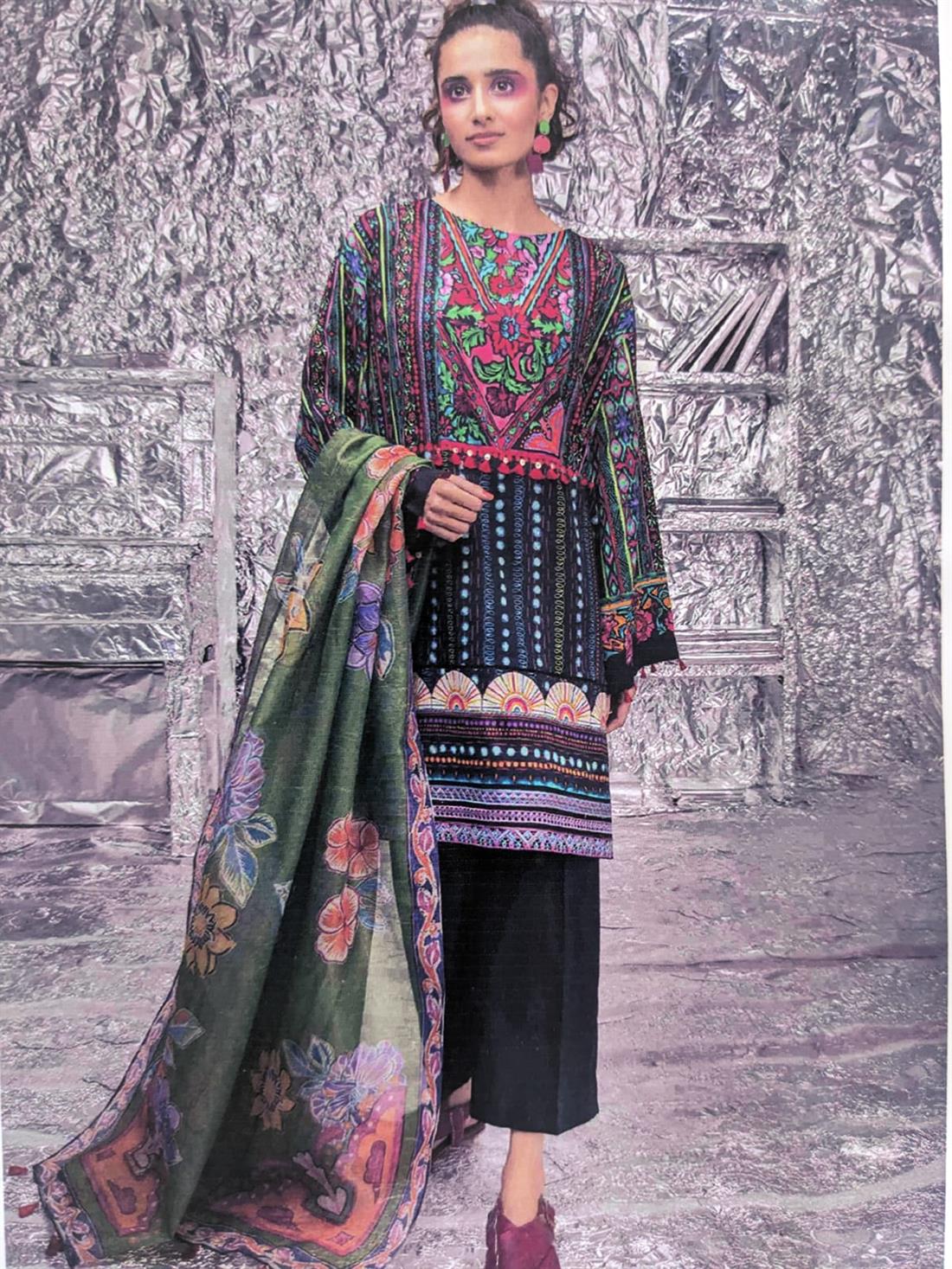Black & Multicolour Printed Lawn Unstitched Suit