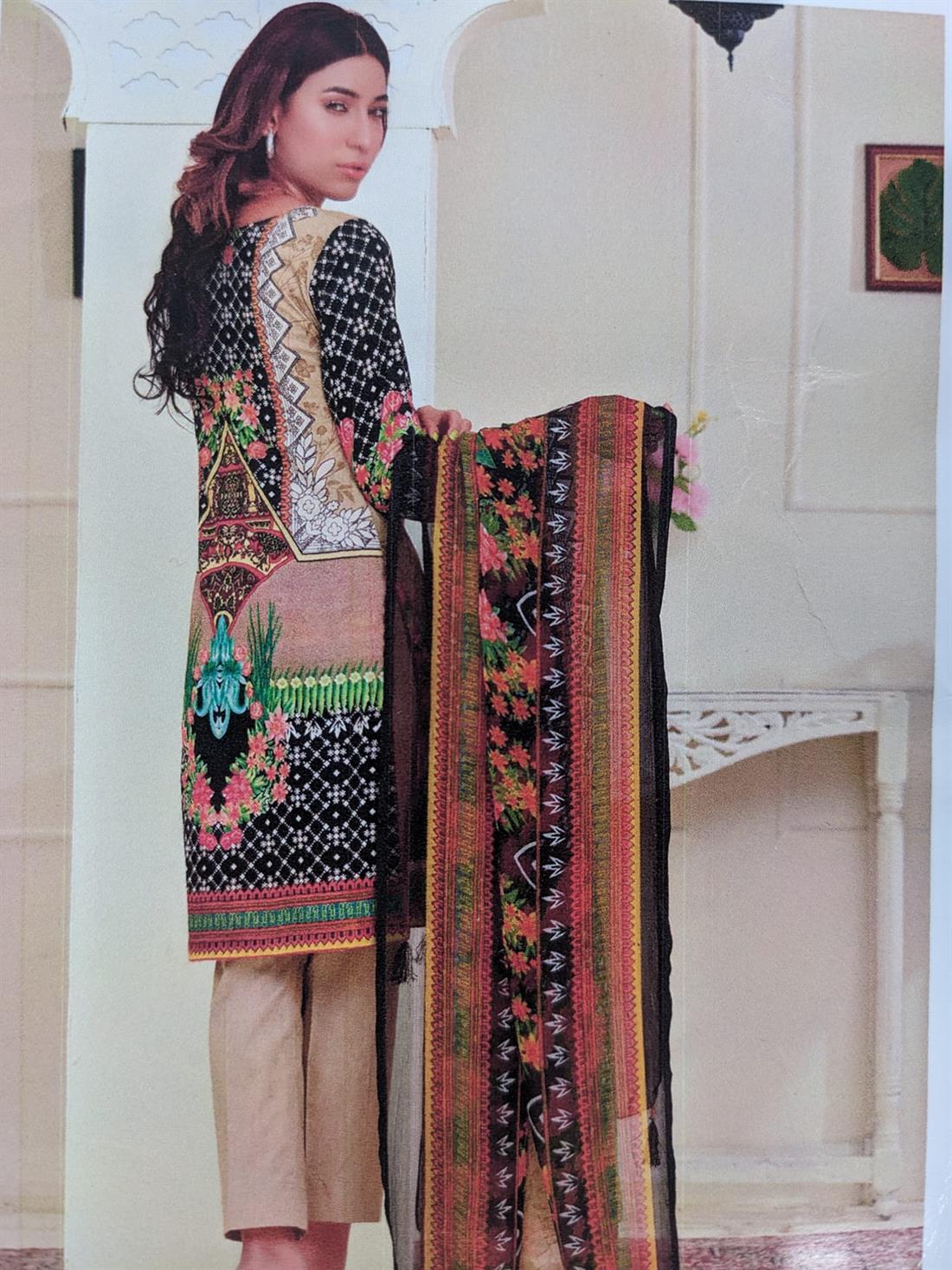 Beige & Multicolour Printed Chiffon Unstitched Suit