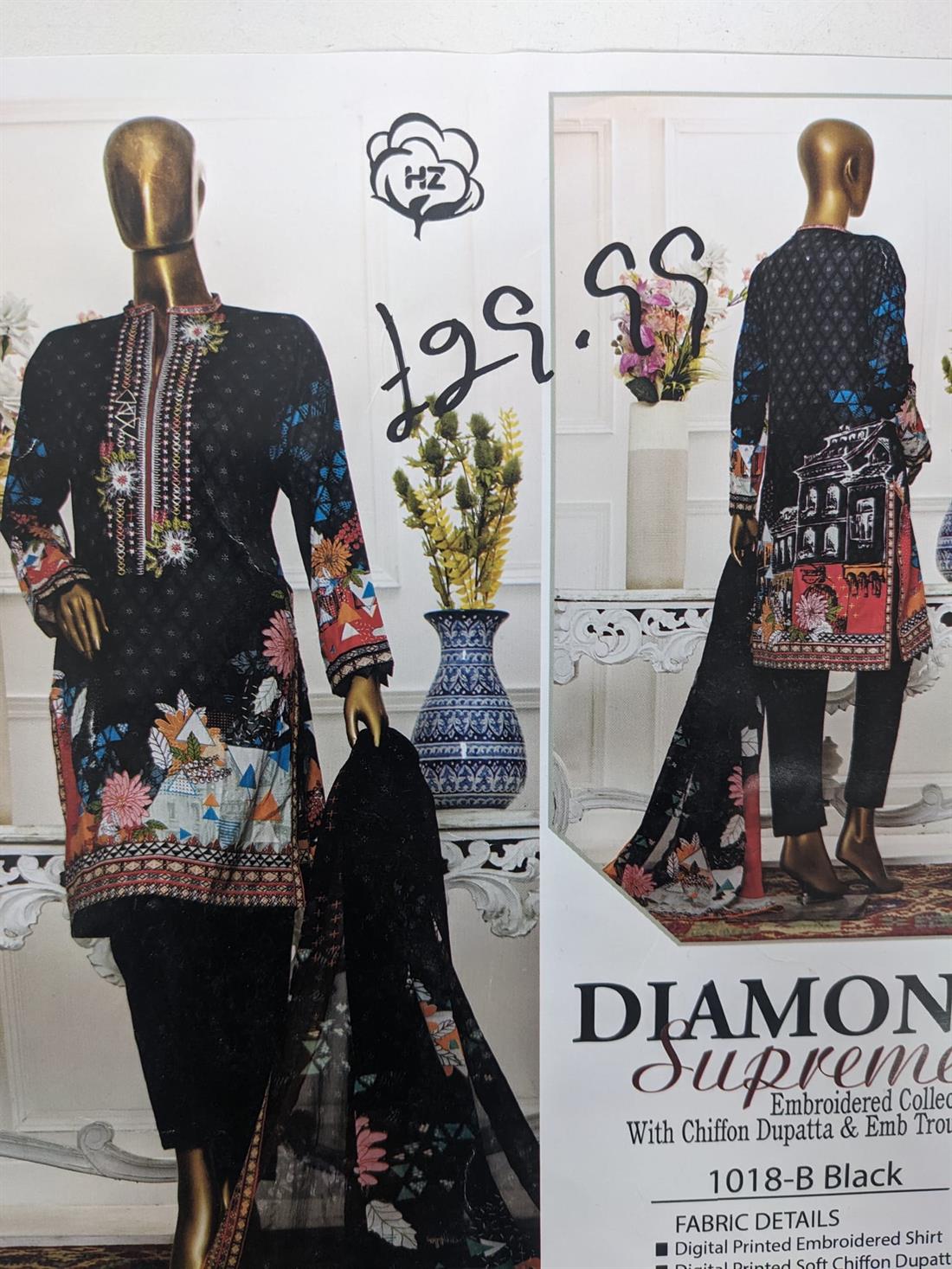 Black & Multicolour Printed Chiffon Unstitched Suit