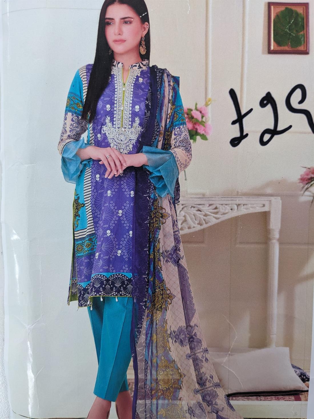 Blue & Purple Printed Chiffon Unstitched Suit