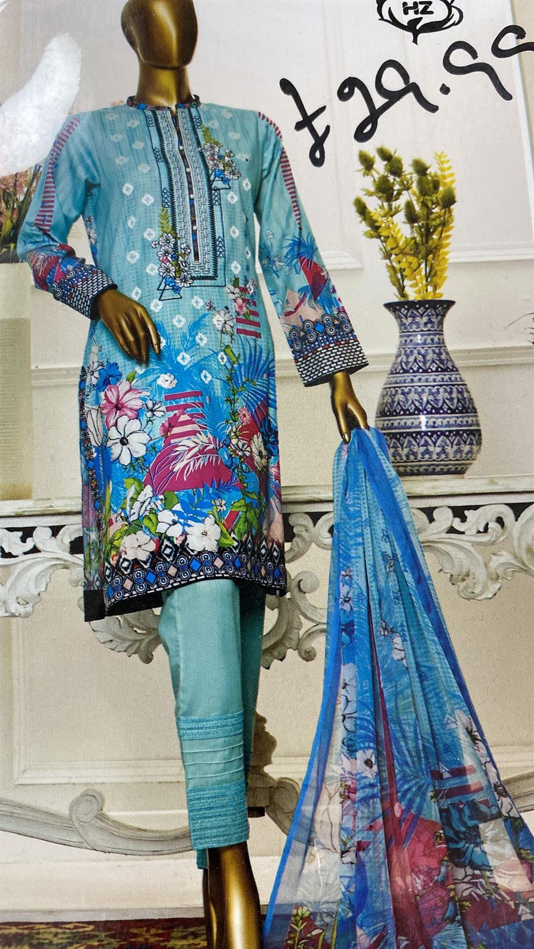 Blue Printed Chiffon Unstitched Suit