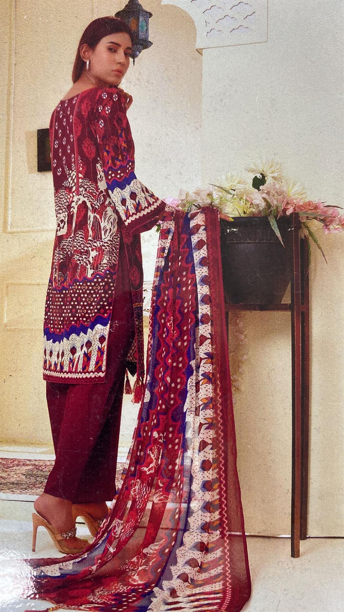 Wine Printed Chiffon Unstitched Suit