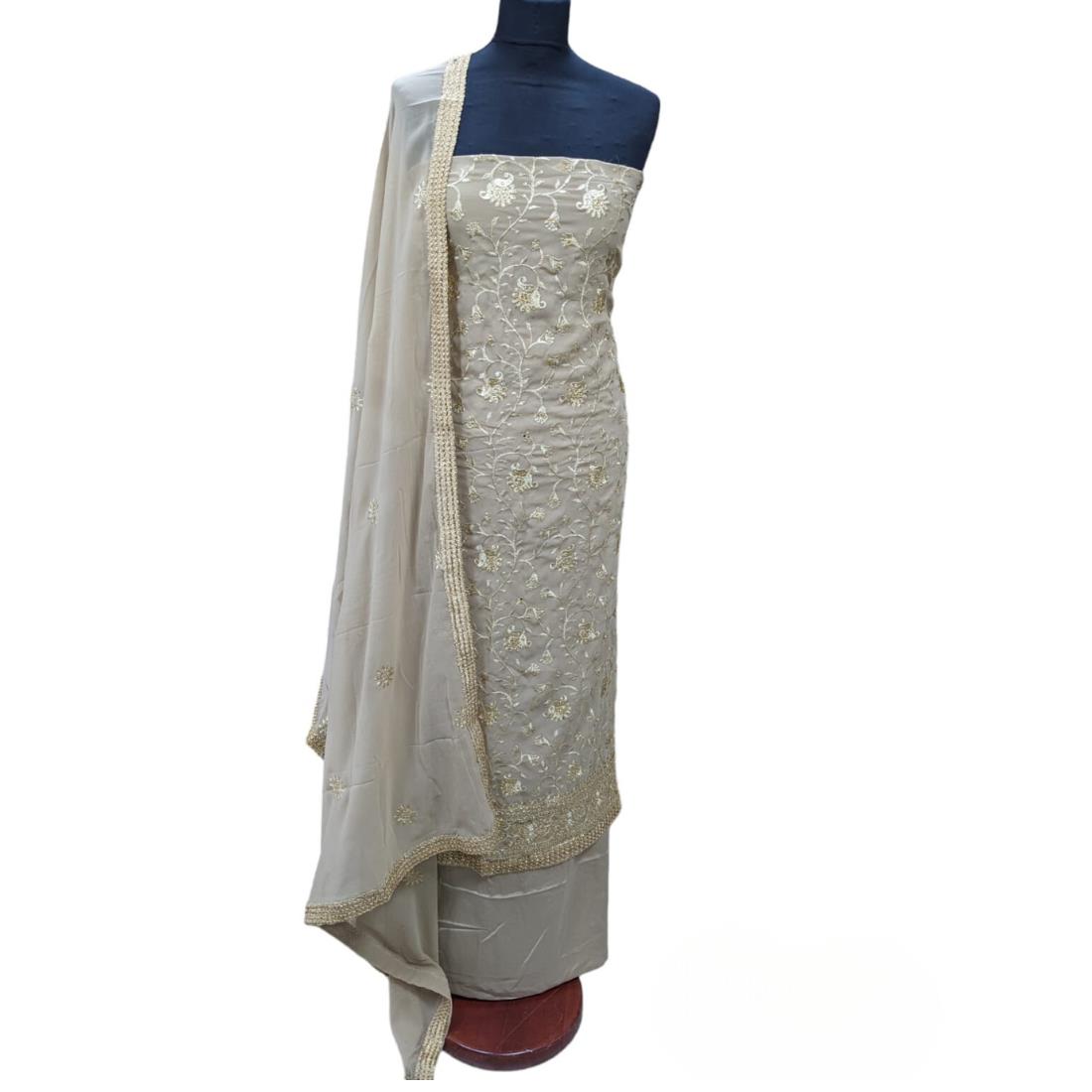 Beige Embroidered Georgette Unstitched Suits