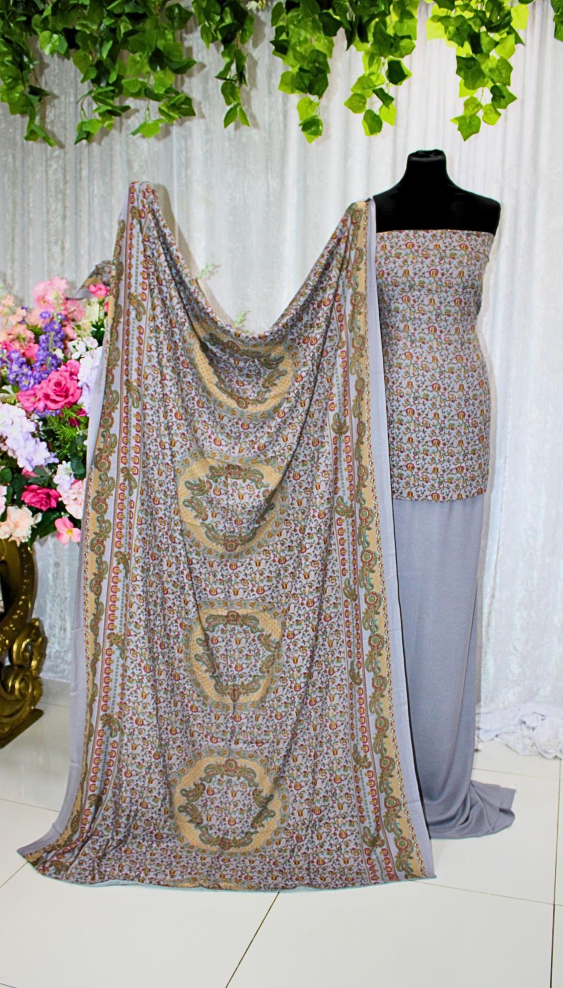 Grey Printed Unstitched 3 Piece Suits