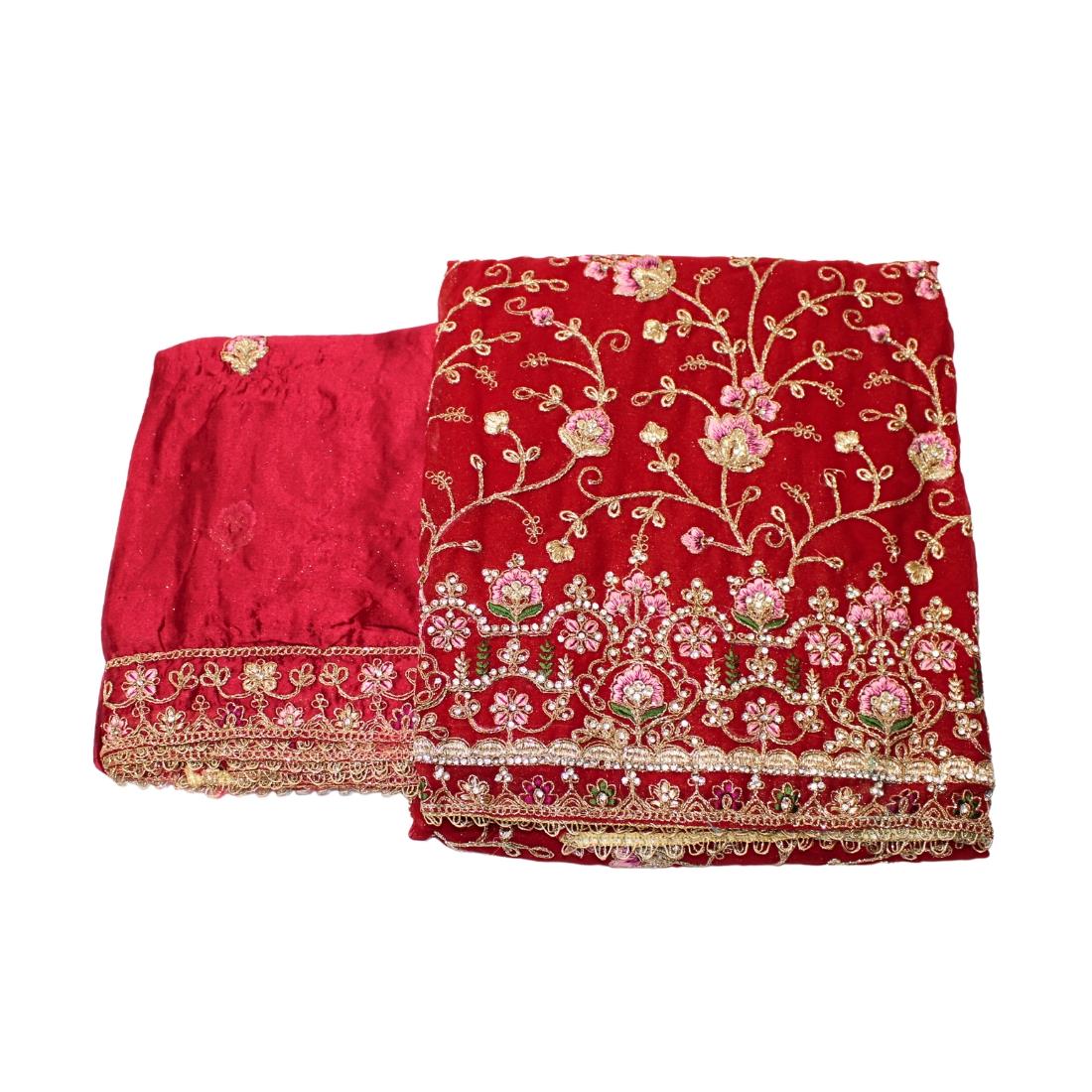Red Unstitched Embroidered Chiffon Stone Work Suit