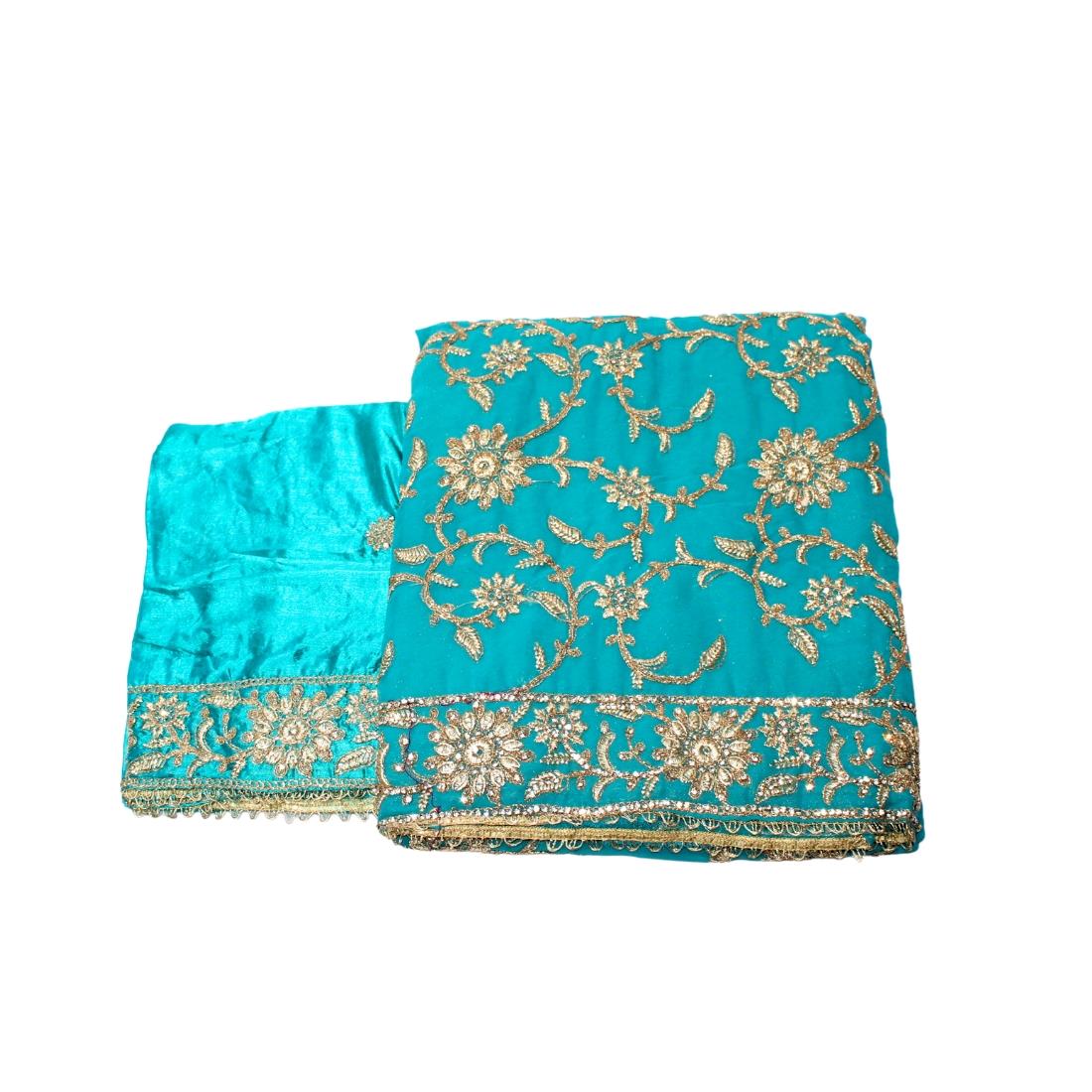 Turquoise Unstitched Embroidered Chiffon Stone Work Suit