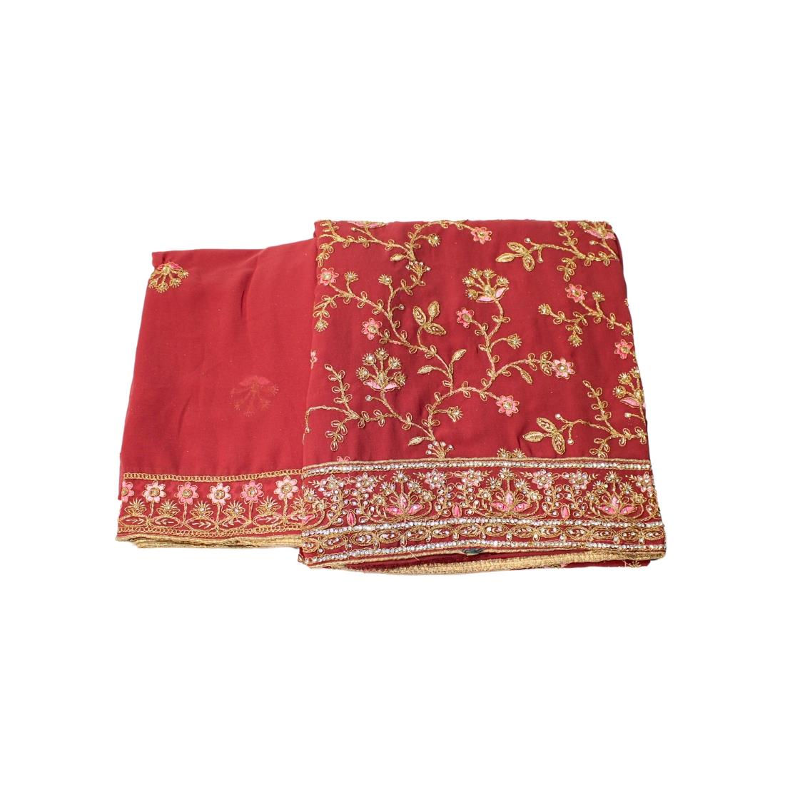 Rust Red Unstitched Embroidered Chiffon Crepe Stone Work Suit