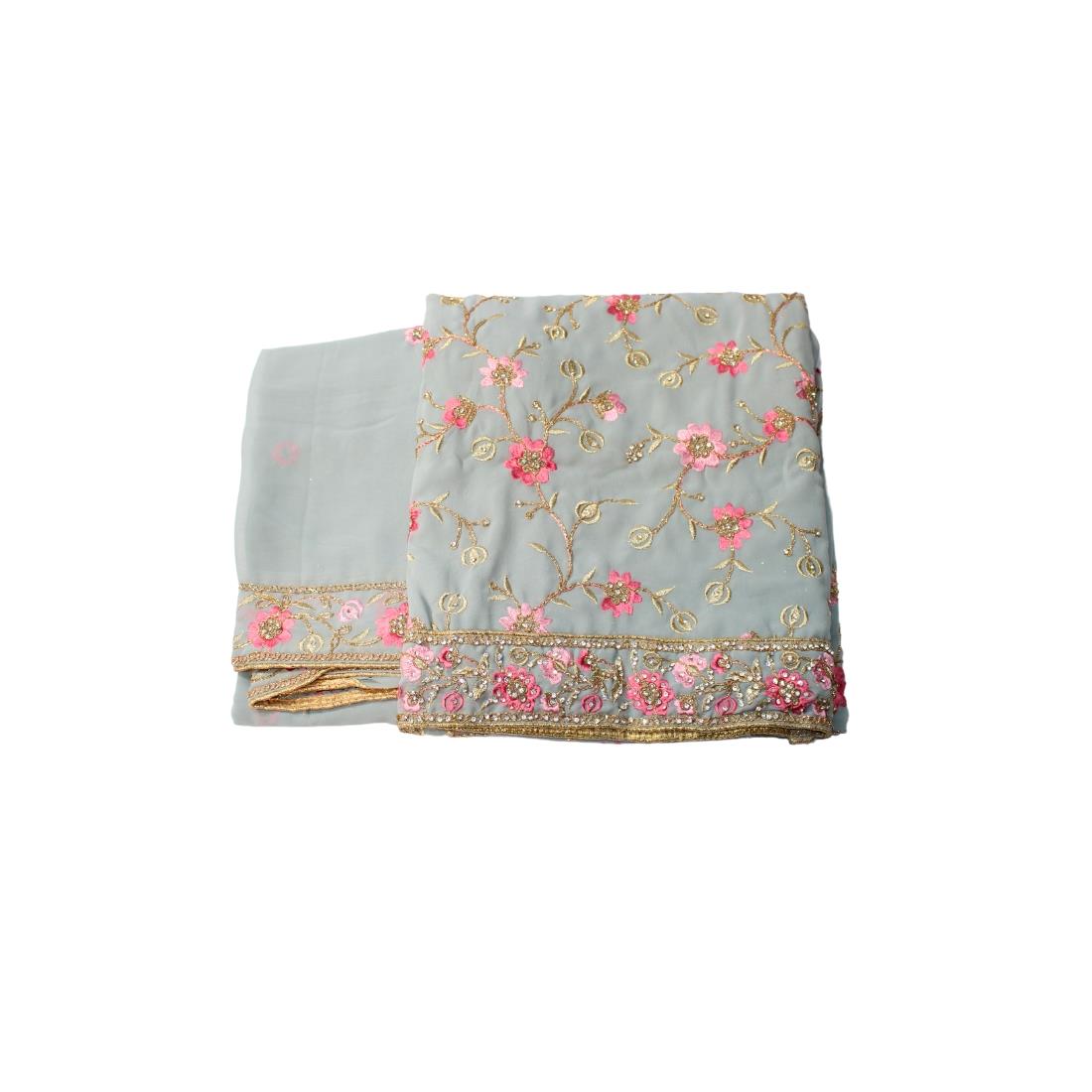 Light Grey Unstitched Embroidered Chiffon Crepe Stone Work Suit