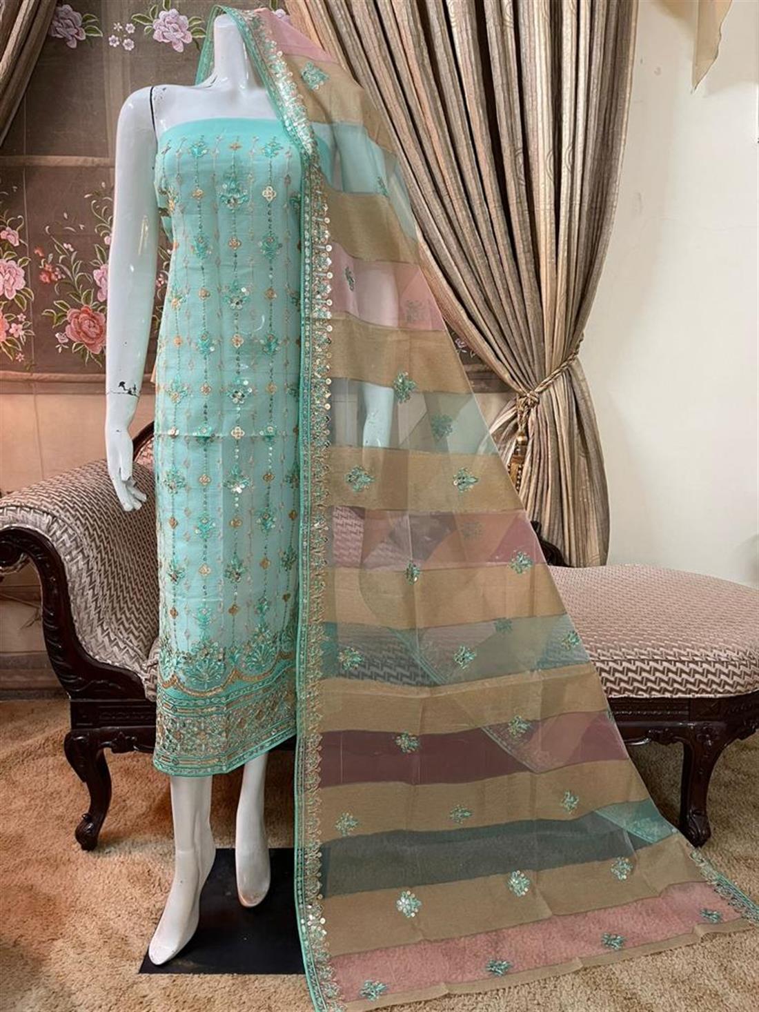Mint Organza Unstitched Suit