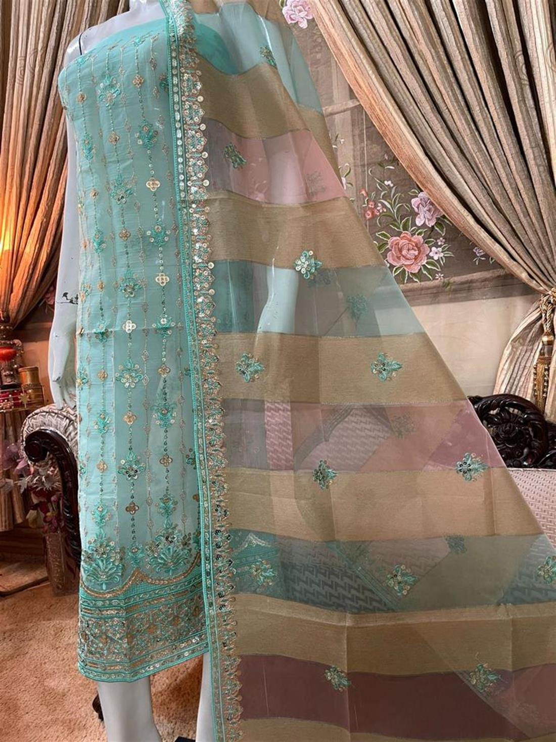 Mint Organza Unstitched Suit