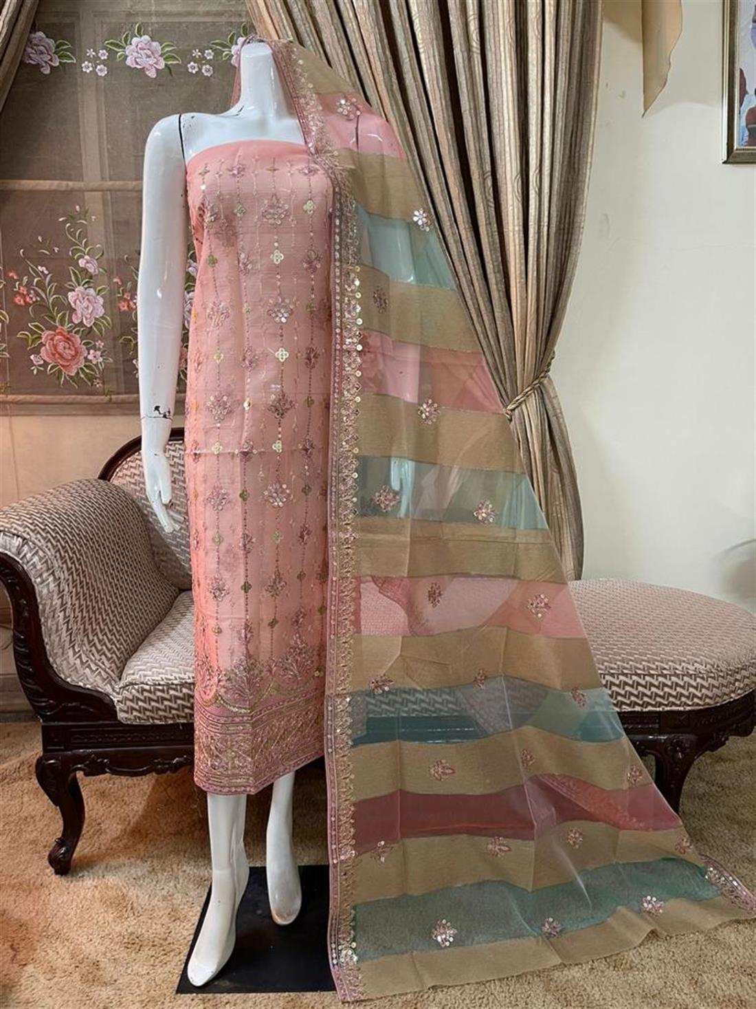 Pink Organza Unstitched Suit