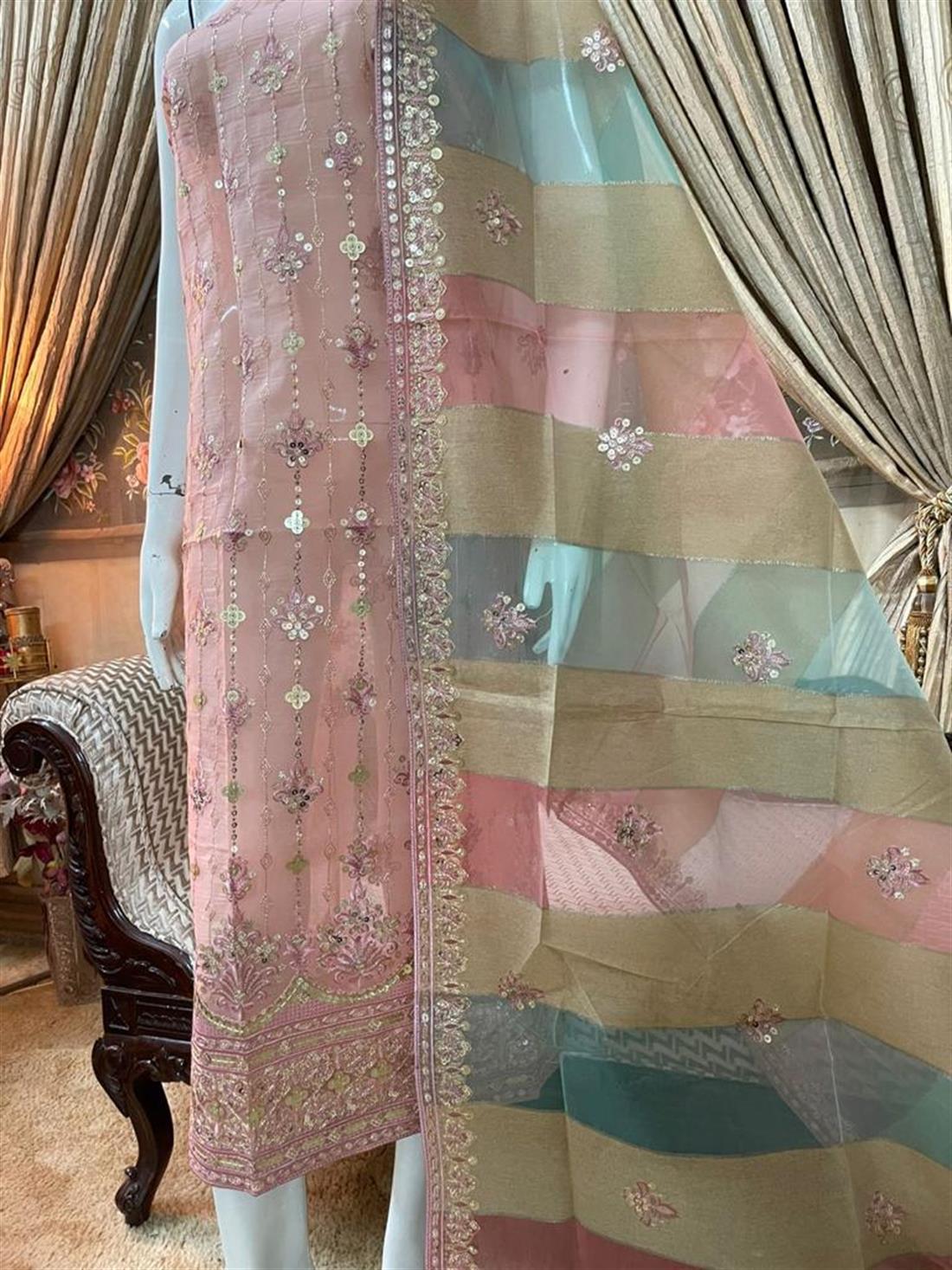 Pink Organza Unstitched Suit