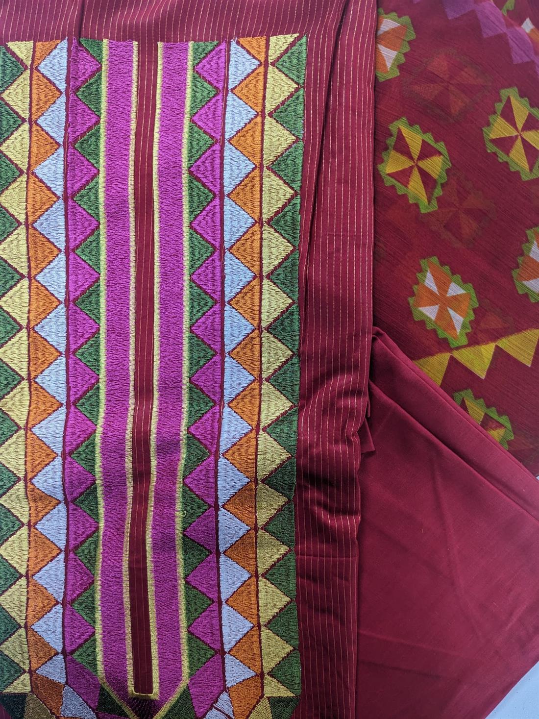 Red & Multicolour Embroidered Lawn Unstitched Suit