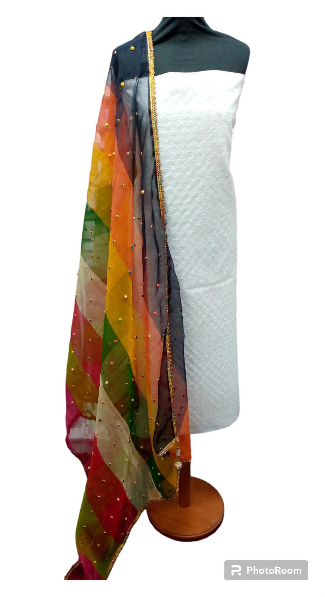 White & Multicolour Ladies Unstitched 3 Piece Suit