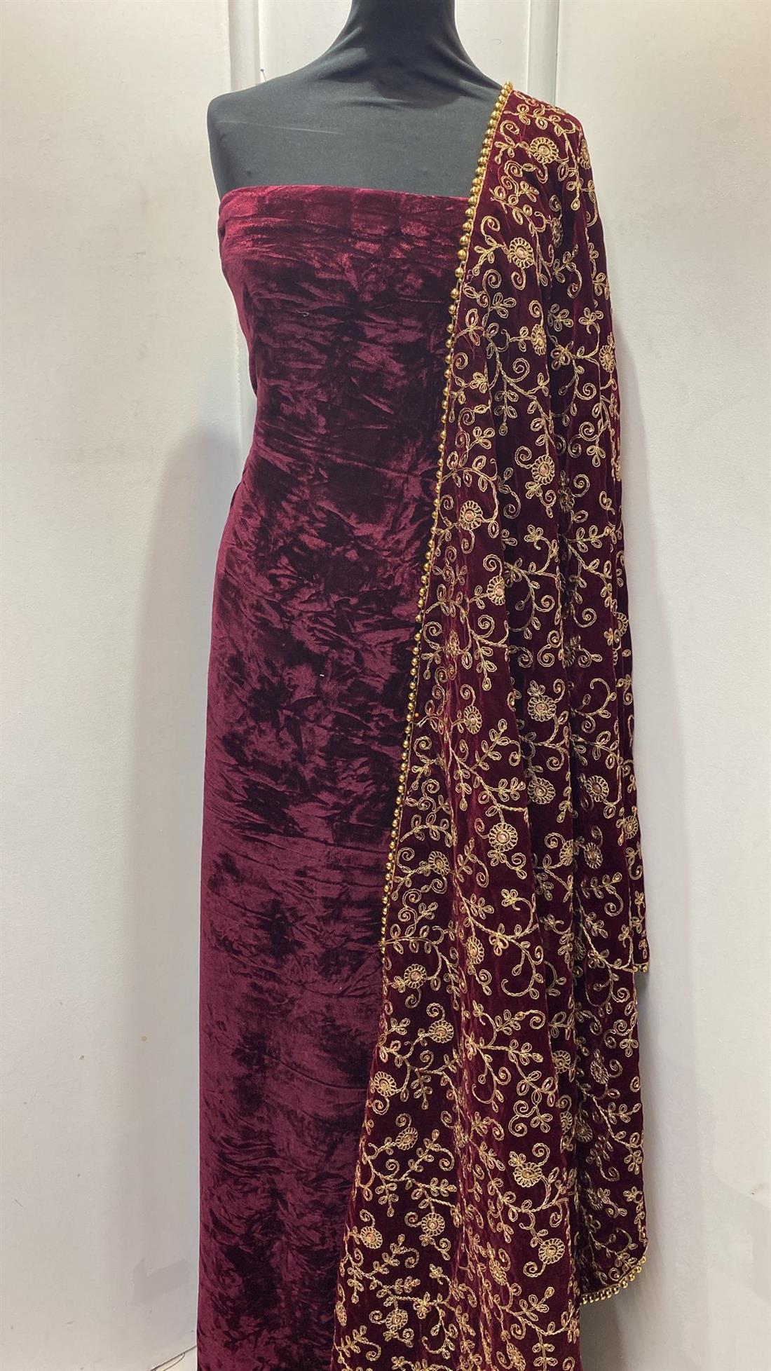 Maroon 4 Yards Velvet Suit with Shawl
