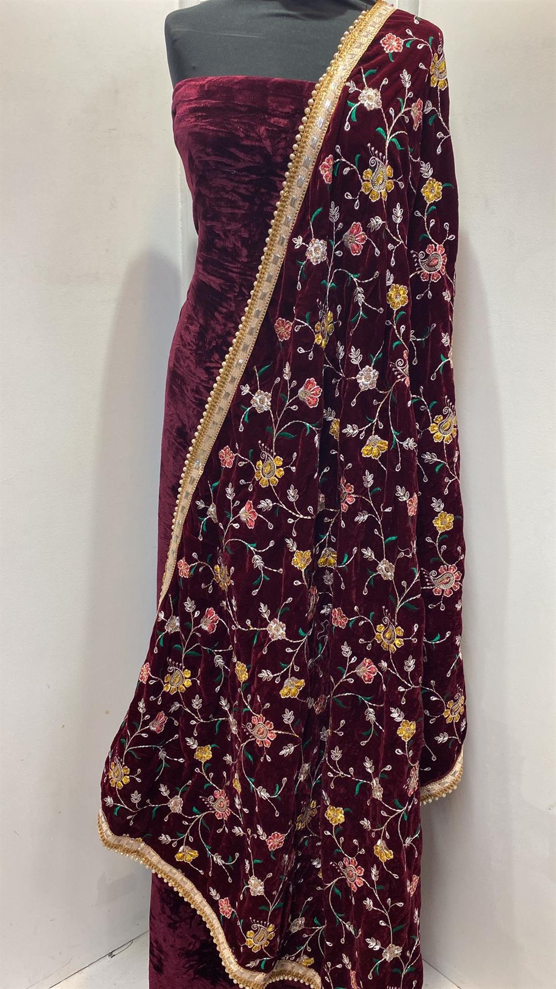Maroon 4 Yards Velvet Suit with Shawl