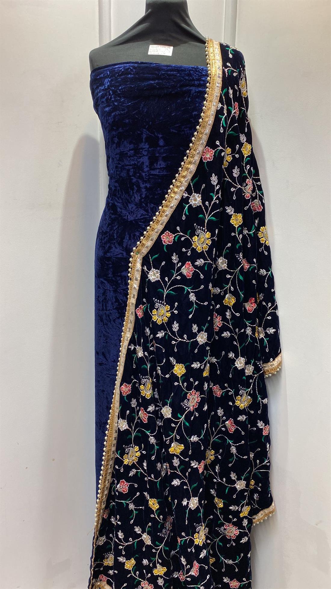 Navy 4 Yards Velvet Suit with Shawl