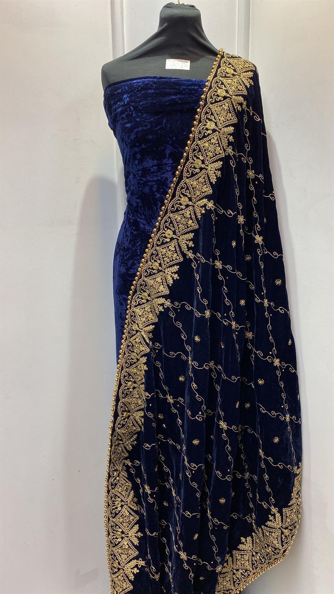 Navy 4 Yards Velvet Suit with Shawl