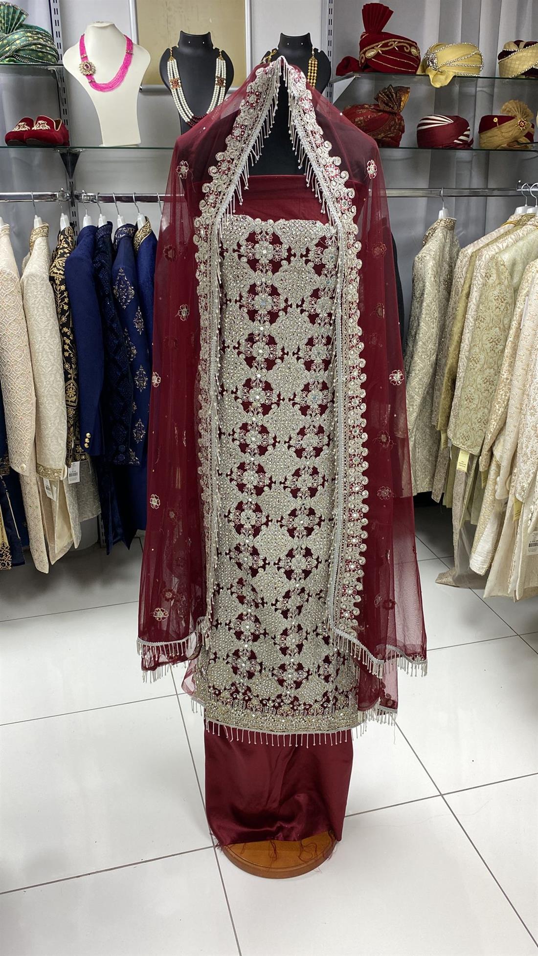 Maroon Emb Unstitched Suit
