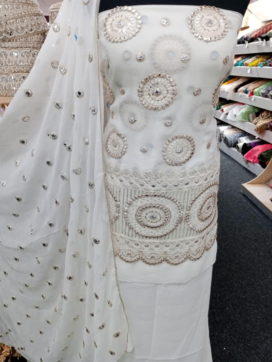 Cream Chiffon Unstitched Suits