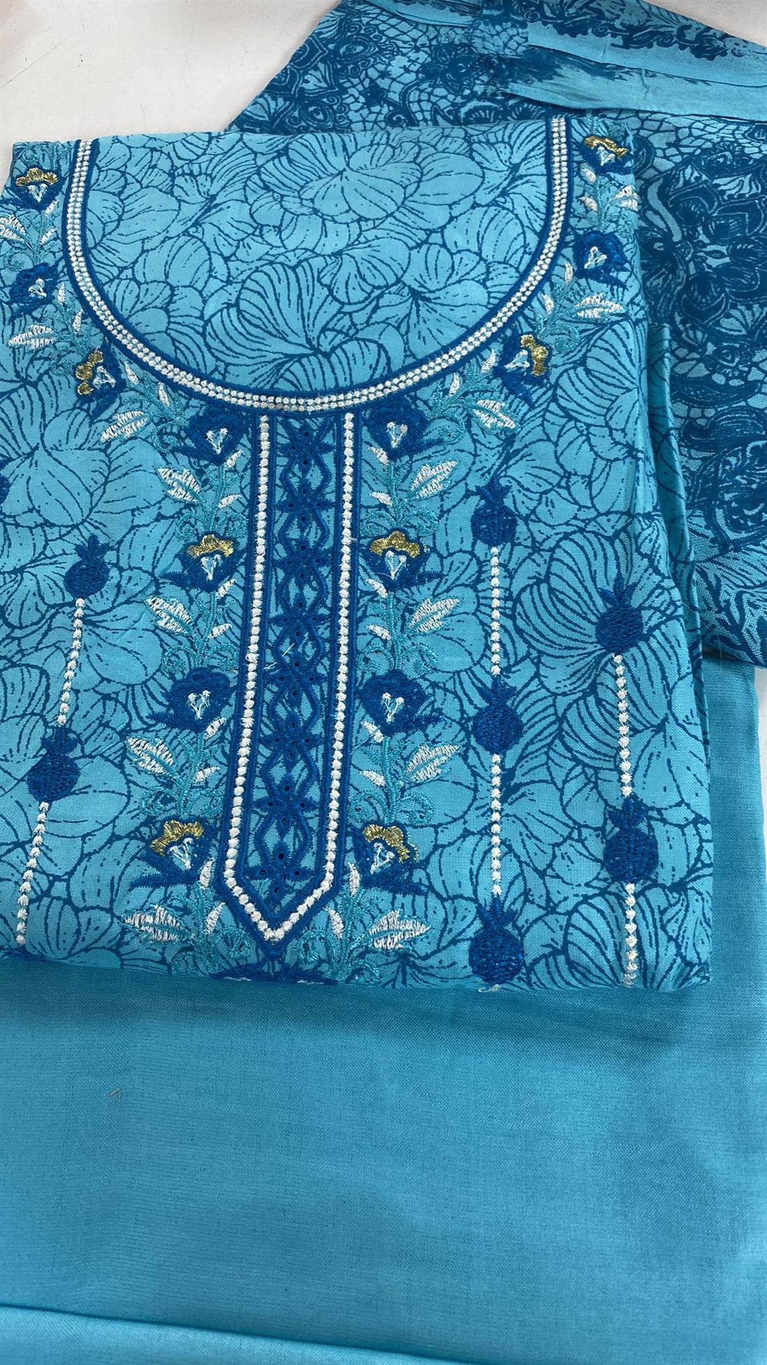 Turquise & Sky Blue Linen Unstitched Suit