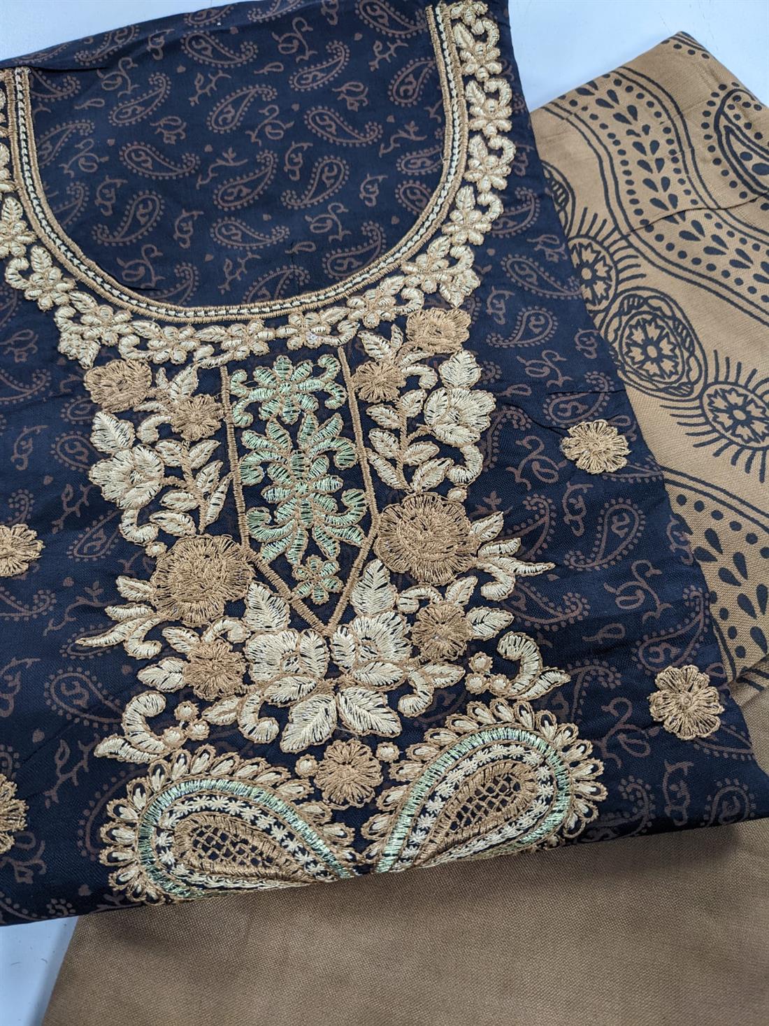 Black & Gold Linen Unstitched Suit