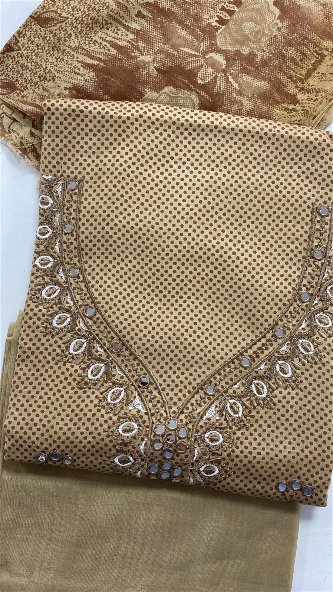 Beige & Brown Linen Unstitched Suit