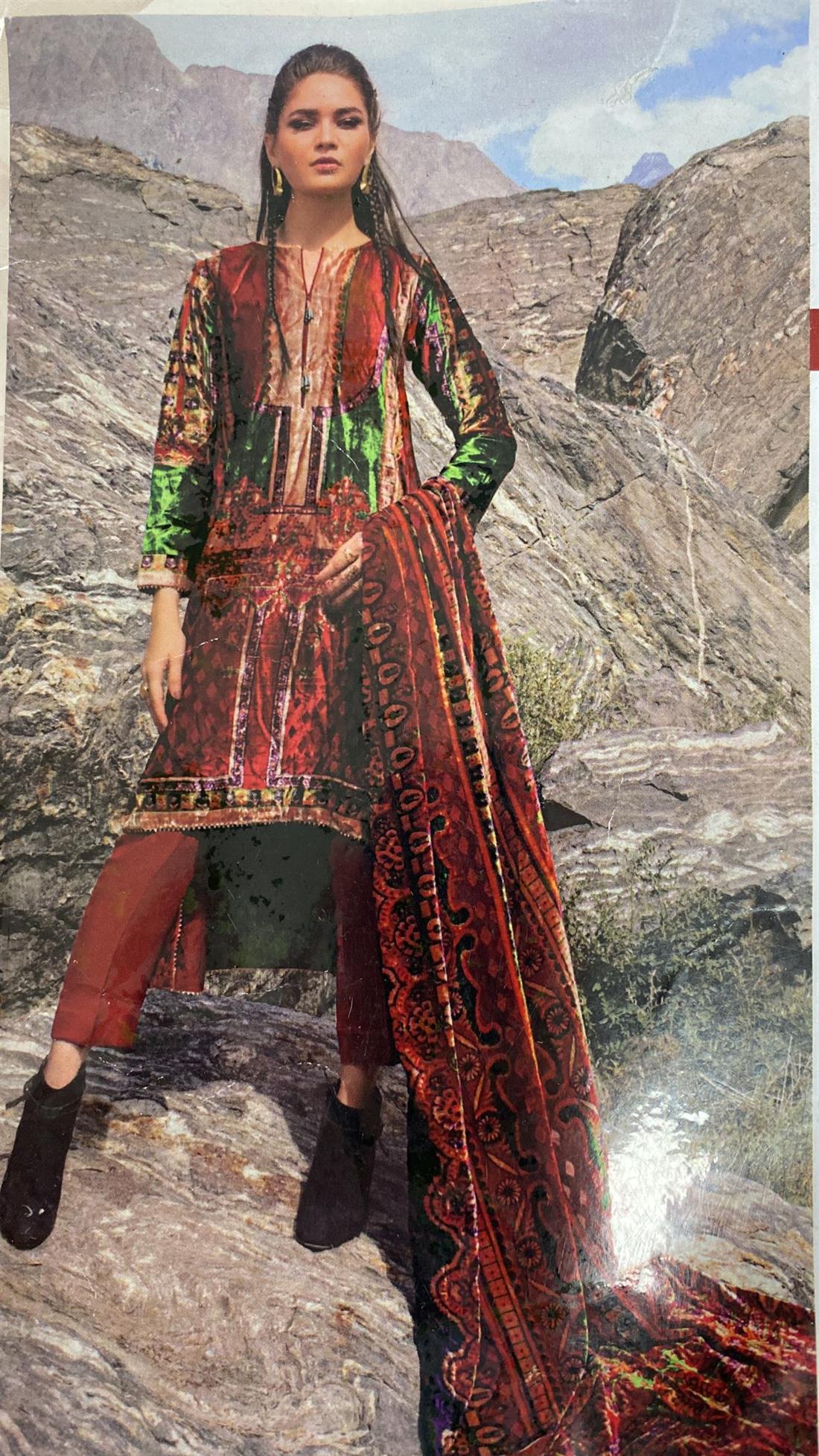 Red Printed Velvet Unstitched Suit