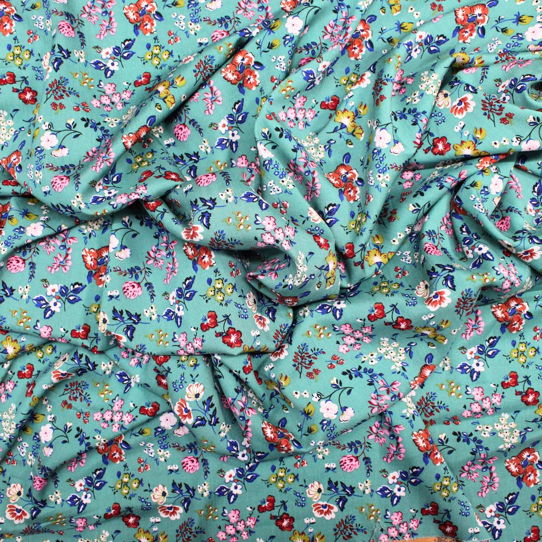 Dark Aqua Crepe 2 Yards of Printed Dressmaking Viscose